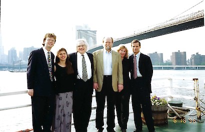 At the Barge in Brooklyn, performance of Piano Quintet
(left to right) Scott St. John, Carmit Zori, Fred Sherry, Wuorinen, Ursula Oppens, Curtis Macomber)